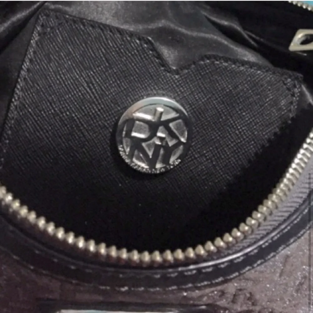 DKNY | Black & Gray Patterned Bag Canvas Leather Crossbody Logo Silver Hardware